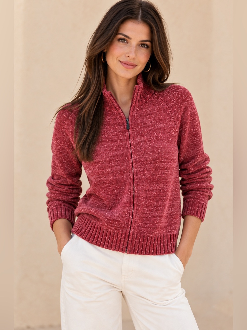 ExOfficio Rose Pink Chenille Mock Neck Full Zip Up Ribbed Cuff Sweater Small NWT